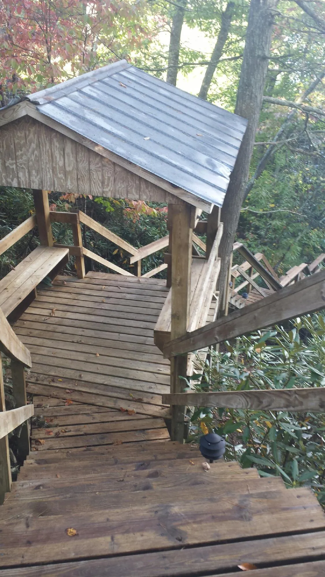Metal roofed shelter over wooden steps on a wooded walkway — Skylight Repair & Installation work by our crew in Welda